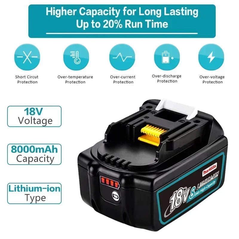 Original 18V 8.0Ah Li-ion rechargeable power tool battery suitable for Makita to replace LXT BL1860B BL1860 BL1850 Makita