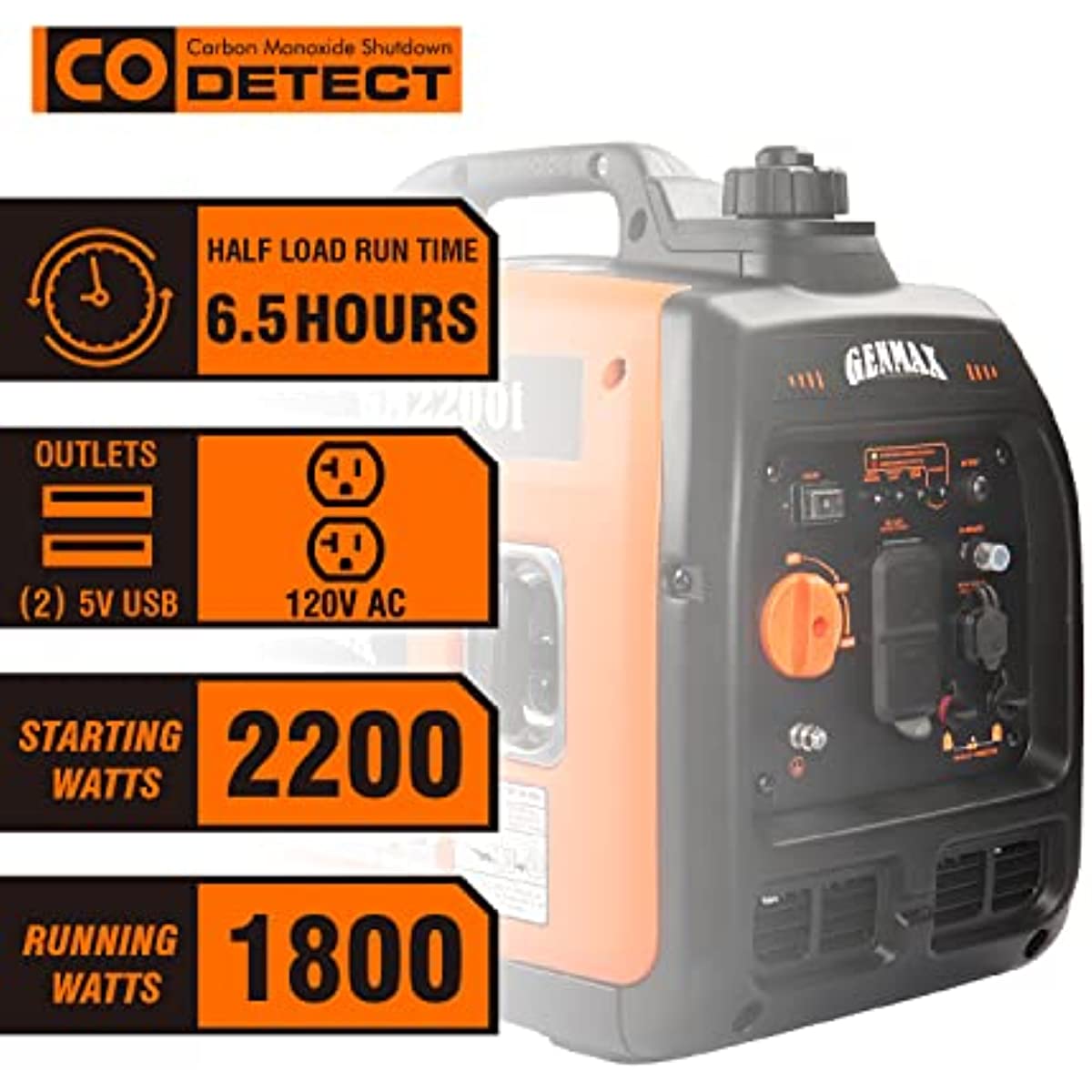 GENMAX Portable Inverter Generator 2200W ultra-quiet gas engine.