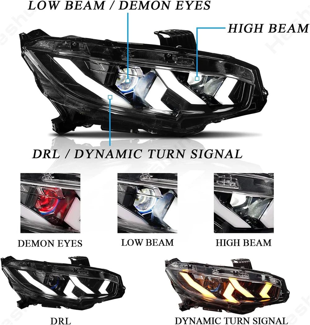 Pair Led Headlights For Honda Civic 2016-2021 Sedan Hatchback Hatch Type R Touring LX EX EX-L Sport FK7 FK8 10th Head Light Lamp