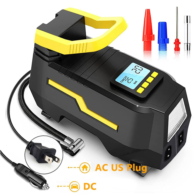 Car Tire Inflator Air Compressor Dual Power 110V-230V AC/DC 12V Digital Portable Electric Air Pump