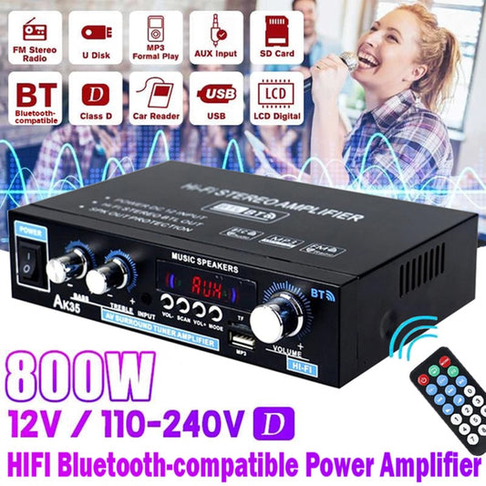 Stereo Amplifier 2 Channel Bluetooth 5.0 Surround Sound FM, USB, Remote Control