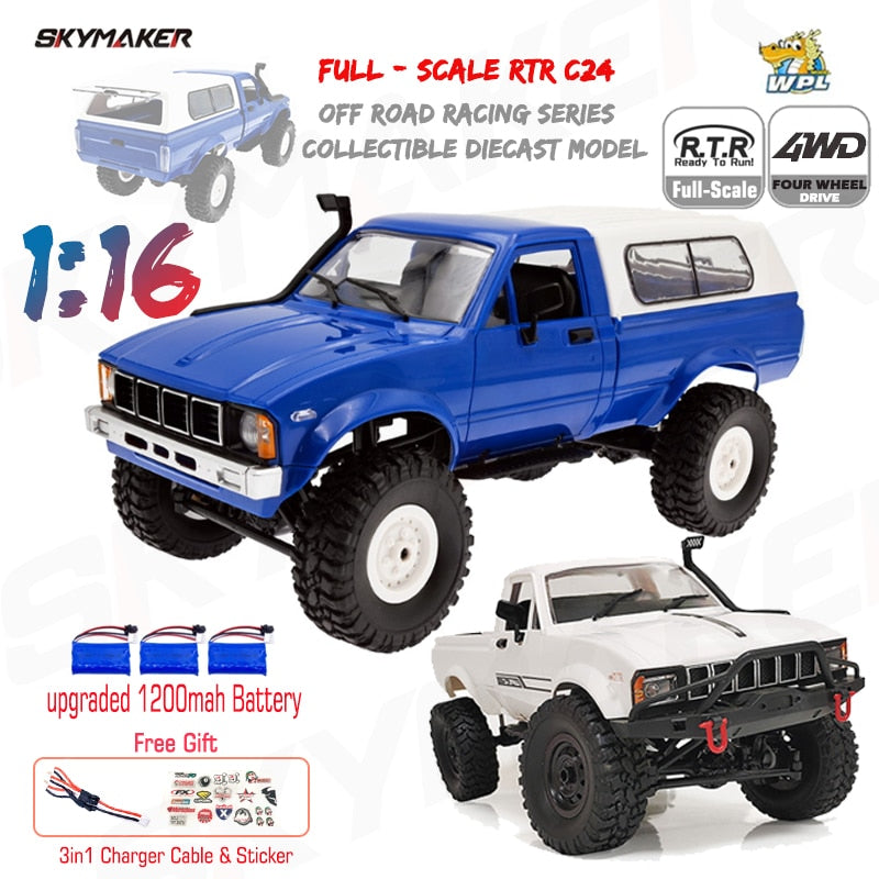 WPL C24-1 Full Scale RC Car 1:16 2.4G 4WD Rock Crawler Electric Buggy Climbing Truck LED Light On-road 1/16 For Kids Gifts Toys