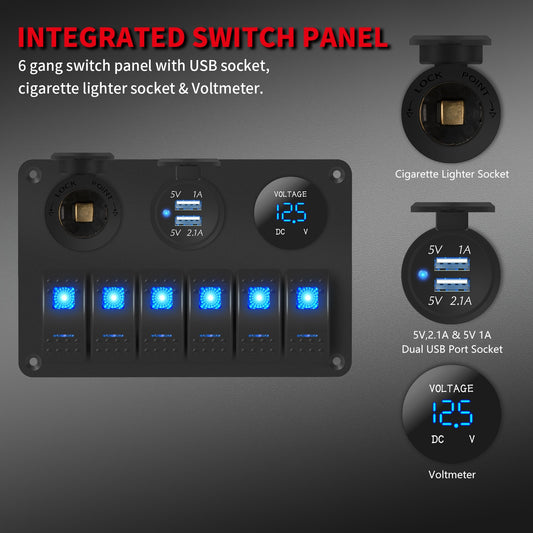 Waterproof Switch Panel, 6 Gang 12Volt Rocker Switch Panel .