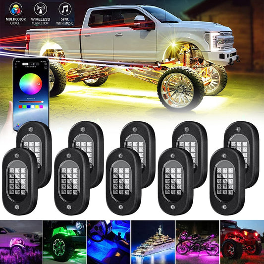 RGB LED Rock Lights for UTV SUV ATV Truck Car Under glow Lights Music Sync APP Control for IOS and Android Phone